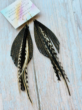 Load image into Gallery viewer, Light As A Feather FUN Black Stingray Rooster Feather Gold Hoop Earrings