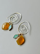 Load image into Gallery viewer, Treasure Trunk Mixed Metal, Amazonite and Yellow Chalcedony Gemstone Hammered Dangle Earrings