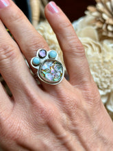 Load image into Gallery viewer, Goddess Abalone with Amethyst and Larimar Crown Ring, size 6.5
