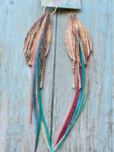 Load image into Gallery viewer, Light As A Feather FUN Dusty Pink Sparkly Rooster Feather Gold Hoop Earrings