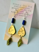 Load image into Gallery viewer, Treasure Trunk Mixed Metal, Lapis and Green Cat’s Eye Gemstone Dangle Earrings
