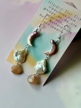 Load image into Gallery viewer, Mermaid Iridescent Crescent Moon, Baroque Pearl and Peach Moonstone Sterling Silver Dangle Earrings