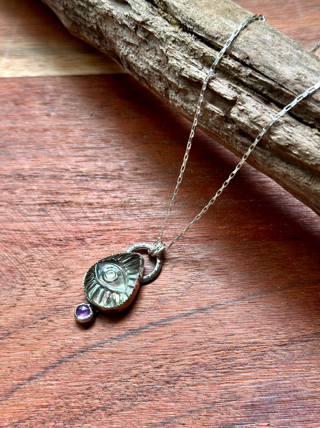 Carved Evil Eye Black Tahitian MOP and Amethyst Sterling Silver Necklace
