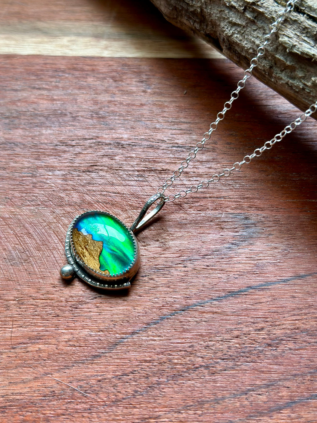 Northern Lights Aurora Opal and Maple Wood Inlay Sterling Silver Necklace