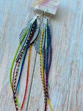 Load image into Gallery viewer, Light As A Feather FUN Periwinkle Galaxy Sparkly Rooster Feather Silver Hoop Earrings