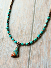 Load image into Gallery viewer, Spiny Oyster Mohave ans Sleeping Beauty Turquoise and Rustic Copper Forever Necklace