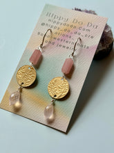 Load image into Gallery viewer, Mixed Metal Pink Guava and Rose Quartz Floral Dangle Earrings