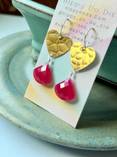 Load image into Gallery viewer, Treasure Trunk Mixed Hot Pink Chalcedony and Pebbled Brass Heart Dangle Earrings