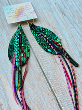 Load image into Gallery viewer, Light As A Feather FUN Teal Python Rooster Feather Silver Hoop Earrings