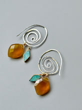 Load image into Gallery viewer, Treasure Trunk Mixed Metal, Amazonite and Yellow Chalcedony Gemstone Hammered Dangle Earrings