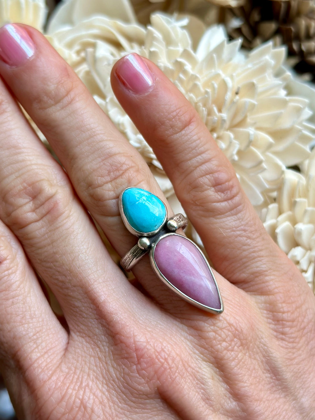 Kingman Turquoise and Pink Opal Ring, size 7
