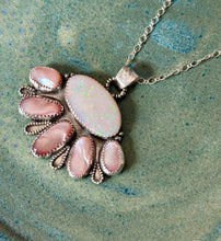 Load image into Gallery viewer, White Australian Opal and Pink Mussel Shell Floral Sterling Silver Pendant Necklace