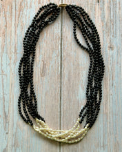 Load image into Gallery viewer, Black Onyx and Rice Pearl Gold Fill Multistrand Vintage Necklace