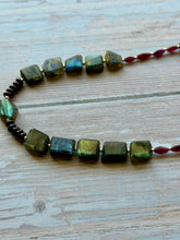 Load image into Gallery viewer, Green Flashy Labradorite and Garnet Gemstone Beaded Necklace