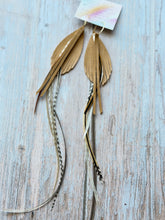 Load image into Gallery viewer, Light As A Feather FUN Tan Nubuck Rooster Feather Gold Hoop Earrings