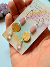 Load image into Gallery viewer, Mixed Metal Pink Guava and Rose Quartz Floral Dangle Earrings