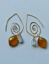 Load image into Gallery viewer, Treasure Trunk Mixed Metal, Moonstone and Yellow Chalcedony Gemstone Hammered Dangle Earrings