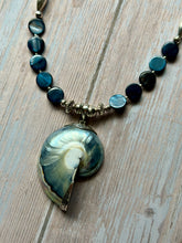 Load image into Gallery viewer, SALTY COLLECTION Vintage Nautilus Fossil and Blue Mother of Pearl Sterling Silver Necklace
