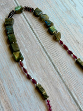 Load image into Gallery viewer, Green Flashy Labradorite and Garnet Gemstone Beaded Necklace