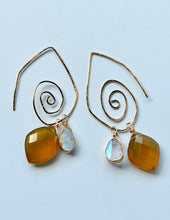 Load image into Gallery viewer, Treasure Trunk Mixed Metal, Moonstone and Yellow Chalcedony Gemstone Hammered Dangle Earrings