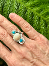 Load image into Gallery viewer, Australian White Opal and Royston Turquoise Sterling Silver Ring, Sz 7.25