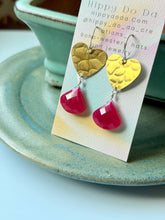Load image into Gallery viewer, Treasure Trunk Mixed Hot Pink Chalcedony and Pebbled Brass Heart Dangle Earrings