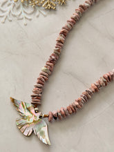 Load image into Gallery viewer, Mother of Pearl Flying Bird and Rhodochrosite and wood Beaded Necklace