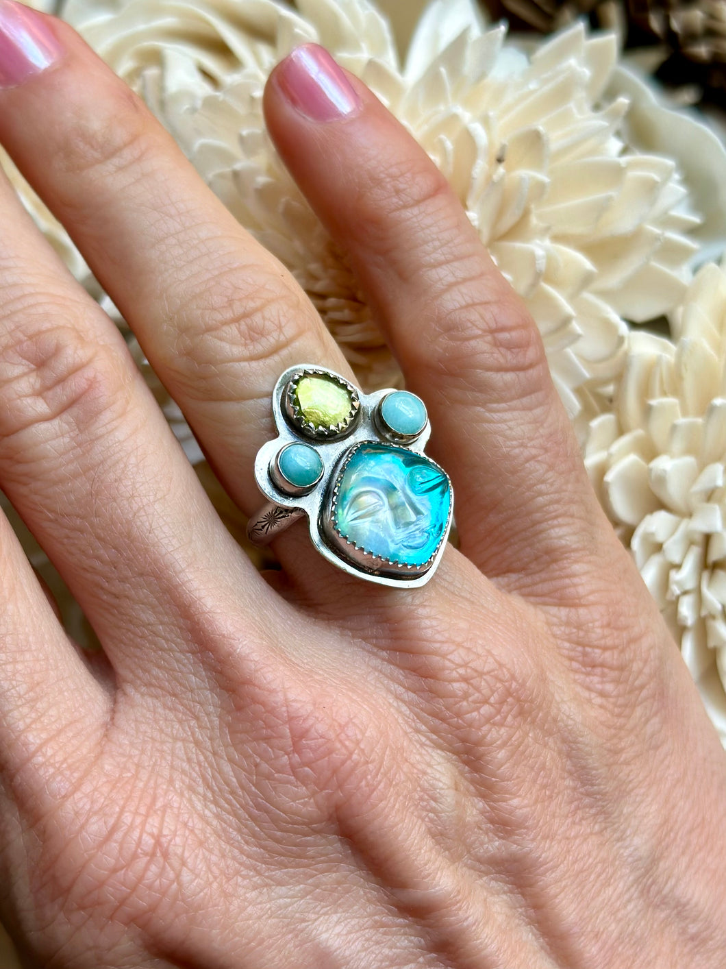 Goddess Mother of Pearl and Apatite with Larimar and Peridot Crown Ring, Size 6