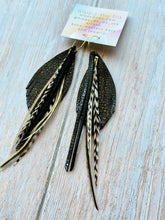 Load image into Gallery viewer, Light As A Feather FUN Black Stingray Rooster Feather Gold Hoop Earrings