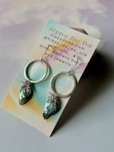 Load image into Gallery viewer, Mermaid Iridescent Peacock Pearl and Tiny Amethyst Sterling Silver Dangle Earrings