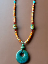 Load image into Gallery viewer, Boho Mixed Media Spiny Oyster, Czech Glass, Carnelian and Turquoise Necklace.