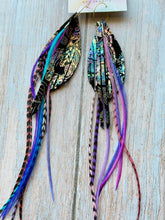 Load image into Gallery viewer, Light As A Feather FUN Iridescent Black Paisley Rooster Feather Gold Hoop Earrings