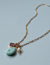 Load image into Gallery viewer, Ocean Waves Freshwater Pearl, Larimar And Ruby 14k Gold Fill Necklace
