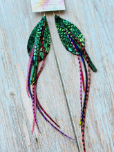 Load image into Gallery viewer, Light As A Feather FUN Teal Python Rooster Feather Silver Hoop Earrings