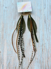 Load image into Gallery viewer, Light As A Feather FUN Dark Olive Green Rooster Feather Gold Hoop Earrings
