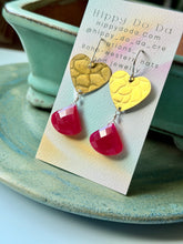 Load image into Gallery viewer, Treasure Trunk Mixed Hot Pink Chalcedony and Pebbled Brass Heart Dangle Earrings