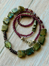 Load image into Gallery viewer, Green Flashy Labradorite and Garnet Gemstone Beaded Necklace