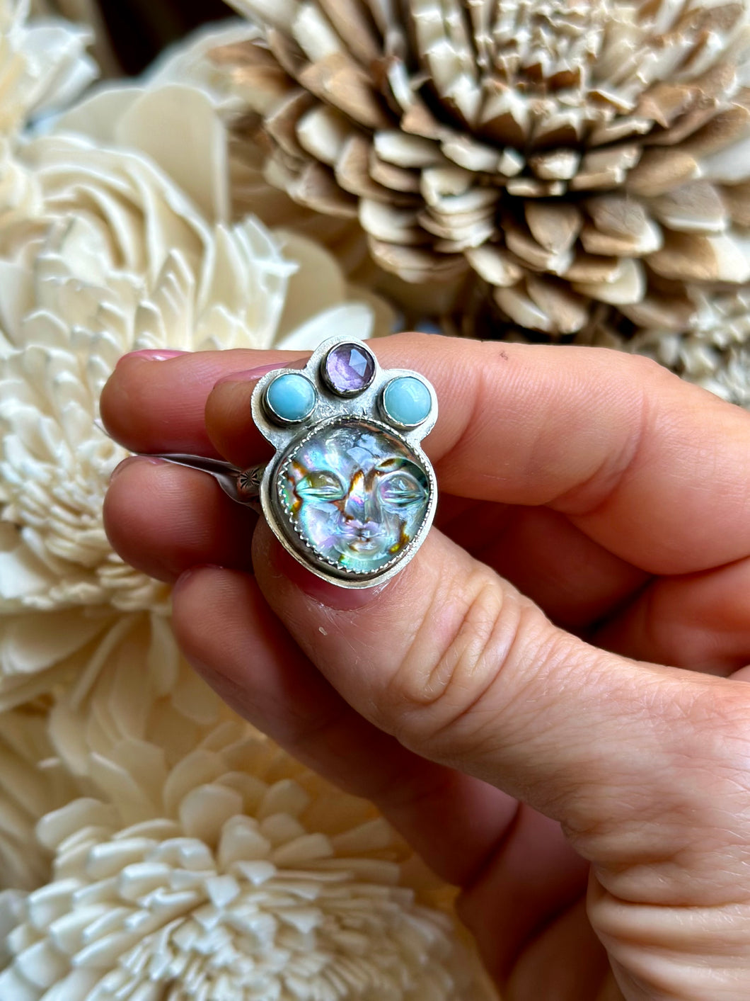 Goddess Abalone with Amethyst and Larimar Crown Ring, size 6.5