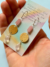Load image into Gallery viewer, Mixed Metal Pink Guava and Rose Quartz Floral Dangle Earrings