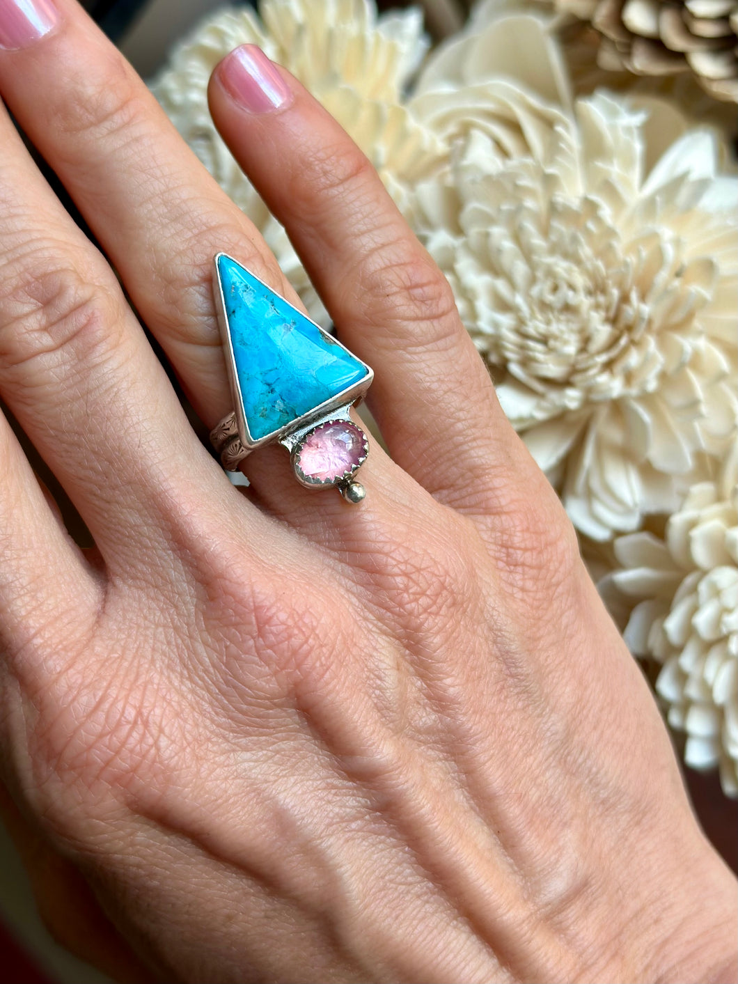 Cripple Creek Turquoise and Pink Sapphire Ring, size 7