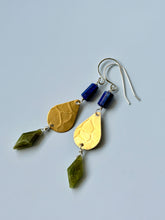 Load image into Gallery viewer, Treasure Trunk Mixed Metal, Lapis and Green Cat’s Eye Gemstone Dangle Earrings