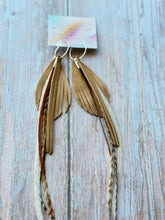 Load image into Gallery viewer, Light As A Feather FUN Tan Nubuck Rooster Feather Silver Hoop Earrings