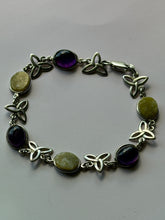 Load image into Gallery viewer, Vintage Celtic Trinity Knot Amethyst and Jade Sterling Silver Bracelet