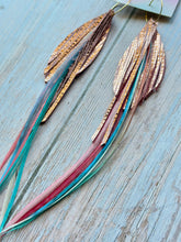 Load image into Gallery viewer, Light As A Feather FUN Dusty Pink Sparkly Rooster Feather Gold Hoop Earrings