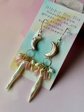 Load image into Gallery viewer, Mermaid Iridescent Crescent Moon Gold Fill Dangle Earrings