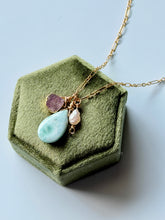 Load image into Gallery viewer, Ocean Waves Freshwater Pearl, Larimar And Ruby 14k Gold Fill Necklace