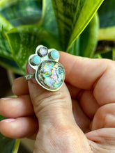 Load image into Gallery viewer, Goddess Abalone with Amethyst and Larimar Crown Ring, size 6.5

