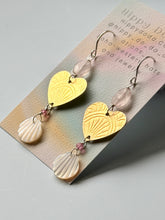 Load image into Gallery viewer, Mixed Metal Mother of Pearl and Rose Quartz Boho Brass Dangle Earrings