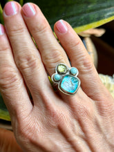 Load image into Gallery viewer, Goddess Mother of Pearl and Apatite with Larimar and Peridot Crown Ring, Size 6
