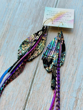 Load image into Gallery viewer, Light As A Feather FUN Iridescent Black Paisley Rooster Feather Gold Hoop Earrings